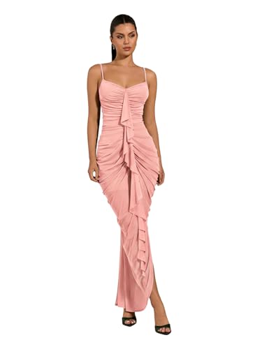 Image of Floerns Women's Ruffle Ruched Cami Dress Draped Split Elegant Bodycon Maxi Dresses