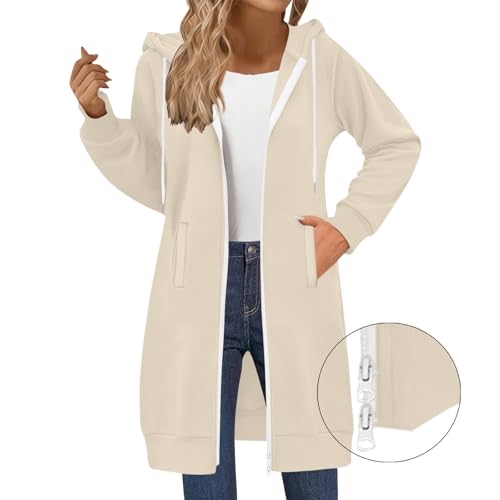 Generisch Winterjacke Damen Lang Sweatjacke mit Kapuze Casual Einfarbig Hoodie Herbst Winter Übergangsjacke Zipper Kapuzenjacke mit Taschen Locker Kapuzenpullover Leichte Jacke Mantel
