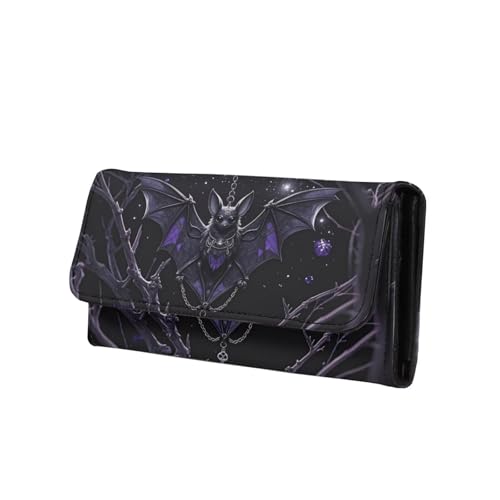 Night Black Bat Women's Trifold Wallet Card Slots Card Holder, Gothic Purple Bats Long Clutch Purse Checkbook Wallets for Ladies, Black