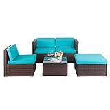 BestMassage 5 Piece Patio Furniture Set,Rattan Outdoor Conversation Set with Sectional Sofa, Glass Tabletop, Cushions and Pillows for Garden, Lawn, Deck (Blue)