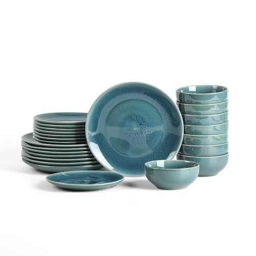 Image of Stone Lain Riley 24-Piece Dinnerware Set Stoneware, Plates and Bowls Set, Dishwasher and Microwave Safe, Dish Set for 8, Blue