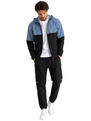 BRAND KRUZE Mens Tracksuit Set Casual Long Sleeve Waterproof Hooded Jacket and Cargo Elasticated Waist Trouser Pants KZMS177_SUIT BLUE/BLK M