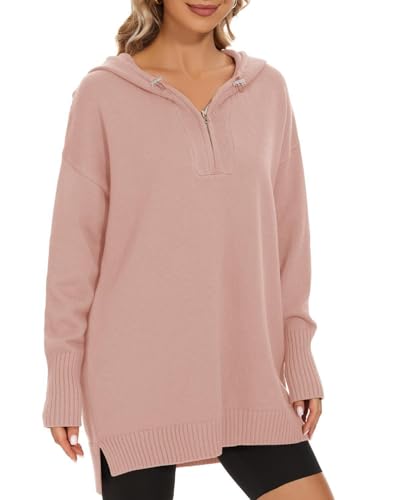 Image of Women's Hooded Sweater Loose Half Zip Drawstring Pullover Sweatshirt Top Casual Long Sleeve Side Slit Knit Hoodie