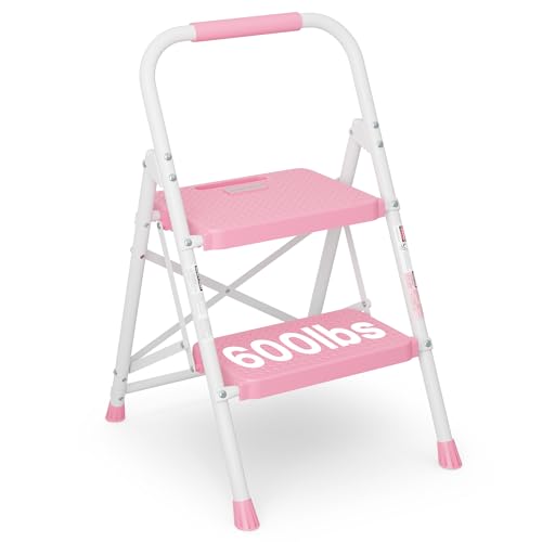 BONTEC 2-Step Ladder, Folding Step Stool, 600lbs Max Load Capacity, Sturdy Steel, Non-Slip Pedals, Lightweight, Portable Steel Ladder with Convenient Handrail, Safety Design for Home & Work,