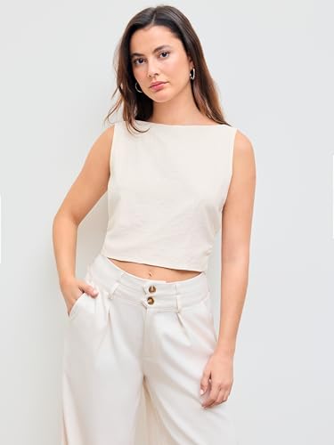 CIDER Shirts for Women Linen Blend Boat Neck Knotted Backless Sleeveless Summer Crop Tank Top Blouse4