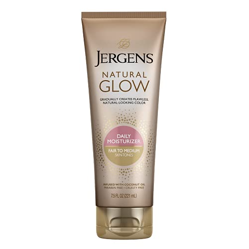 Jergens Natural Glow Sunless Tanning Lotion, Self Tanner, Fair to Medium Skin Tone, Daily Moisturizer, 7.5 Ounce, featuring Antioxidants and Vitamin E (Packaging May Vary)