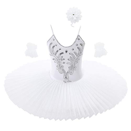 TiaoBug Girl Sequined Beads Fairy Ballerina Swan Costume Ballet Dance Leotard Spaghtetti Tutu Dress with Gloves Hair Clip Set (12-14, White)