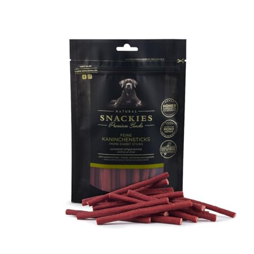 SNACKIES Premium Snacks für Hunde, ohne Zusatz von Getreide, Zucker, Farb-, Aroma- und Konservierungsstoffe, schonend luftgetrocknete Leckerli, Feine Kaninchensticks 400g