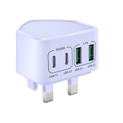 USB C Plug Fast Charge, 40W 4-Port USB Plug UK Dual Port USB C Power Adapter+ QC Wall Charger Head, Type C Charging Plug for iPhone 17 16 15 14 13 12 11 Pro Max Plus XS, Samsung Galaxy, iPad