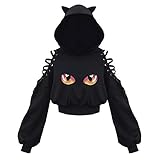 LIusu Hoodie Damen Outdooren Dünn Hoodies Cropped Kalte Schulter Ärmel Hoodys Frauen Polyester Modernes Herbste Hood mit Katzen Gemütlich