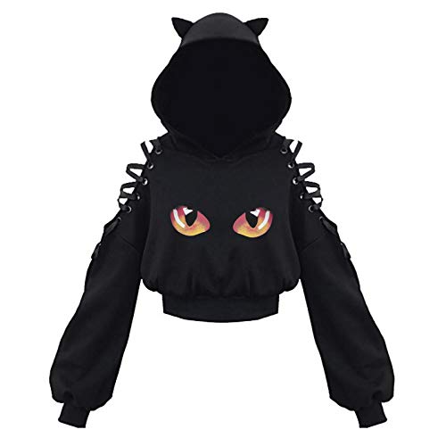 Risaho Damen Katzenohren Einfarbiges Einfach Stil Tops Katzen Kapuzenpullover Bluse Oberteile Nette Katze Langarm Nette Bluse Binde kurzes Kapuzen-Sweatshirt Cover