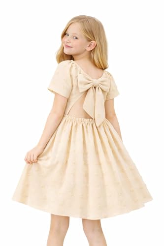 Image of HILEELANG Girls Summer Dress Bow Tie Back A-Line Party Dress for Little Big Girls Short Sleeve Dress with Lining 6-12 Years