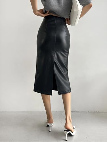 Women's Elegant Slim Split Faux Leather Skirt Office High Waist Skinny Package Hip Midi Pencil Skirts4