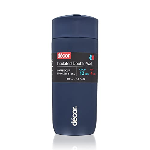 Décor Insulated Cool Touch Double Wall Travel Coffee Cup, Leak Proof Seal and Button Press Release Drink Feature. Vacuum Insulated, 4 Hours Hot and 12 Hours Cold. Navy Blue 350ml.