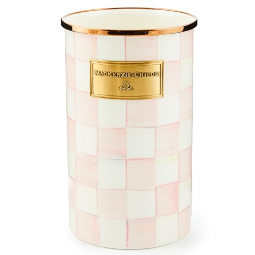 MACKENZIE-CHILDS Enamel Utensil Holder, Kitchen Utensil Holder for Countertop, Storage Caddy, Pink-and-White Rosy Check