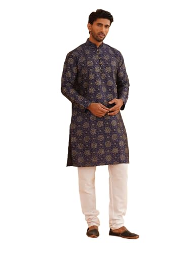 Image of SOJANYA (Since 1958 Men's Silk Blend Printed Kurta & Off White Churidar Pyjama Set