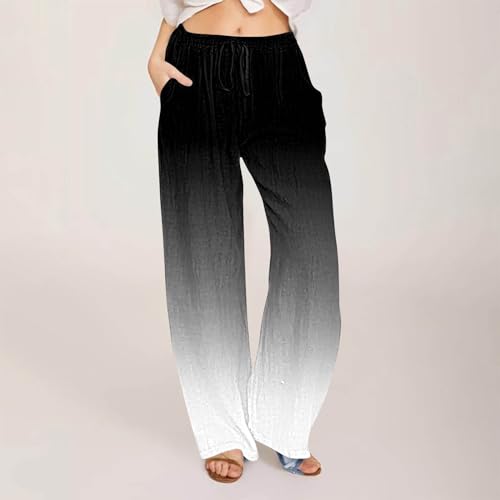 Womens Cotton Linen Pants Summer High Waisted Drawstring Wide Leg Pant Loose Casual Beach Palazzo Trouser with Pocket2