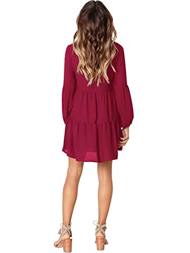 Amoretu Women Long Sleeve Casual V Neck Loose Swing Tunic Shift Dress Burgundy M