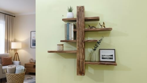 Image of Modern Wall Mounted Wooden Shelf with 5 Adjustable Sliding Shelves | Handcrafted Pine Wood Display Shelf for Living Room, Bedroom & Home Decor