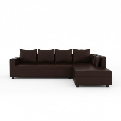 Image of FURNY Harloy 5 Seater RHS L Shape Leatherette Sofa Set (Brown) in Premium Finish | Durable Comfort | Ideal for Living Room