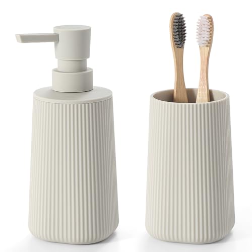 YAUKPH Bathroom Accessories Set 2 Piece Soap Dispenser and Toothbrush Holder for Bathroom Countertop Striped Beige