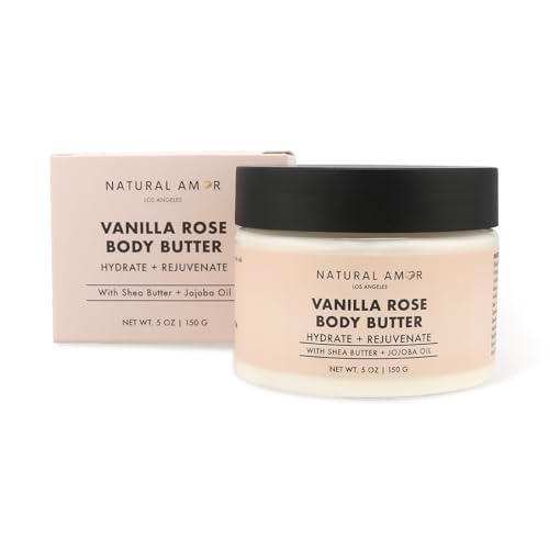 Natural Amor Vanilla Rose Body Butter with Shea Butter & Jojoba Oil – Deep Moisturizing Cream for Dry Skin – Non-Greasy Daily Skincare for Women & Men – 5oz