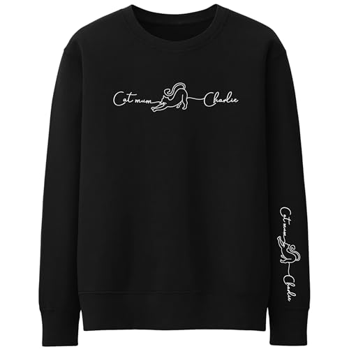 Cat Mum Custom Sweatshirt Personalised Name Sleeve Print for Cat Owners Mum Grandma, XL, Black