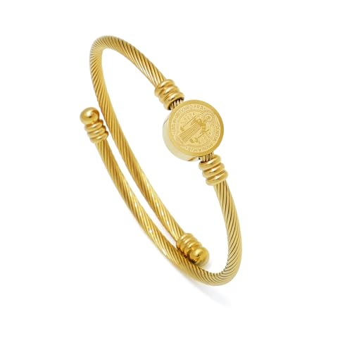 KOMI St Benedict Bangle for Men Women 18K Gold Plated Stainless Steel Cuff Bangle Catholic Protection Religious Jewelry Gifts