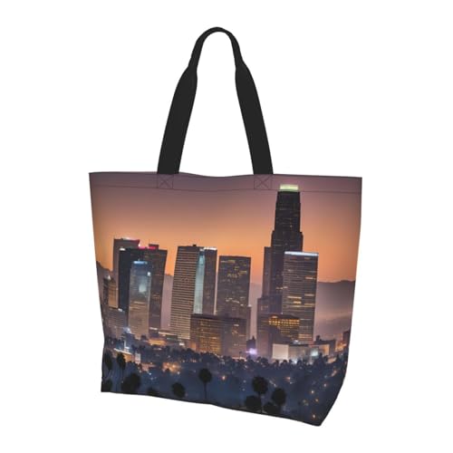 [RFSHOP] ロサンゼルス スカイライン プリント トートバッグ シングル ショルダーバッグ 再利用可能なハンドバッグ 仕事やショッピングに最適 ブラック フリーサイズ