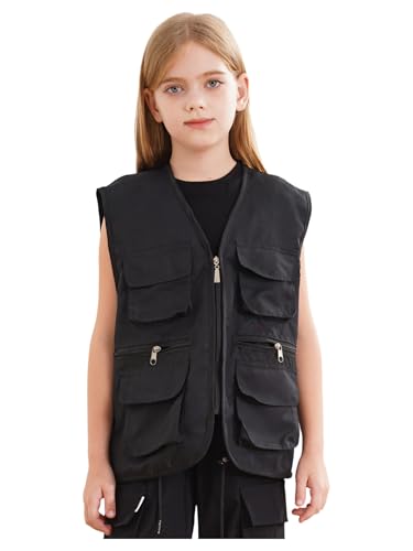 Kids Boys Girls Multi-pocket Volunteer Activity Safety Vests Sleeveless Zipper School Work Uniform Top