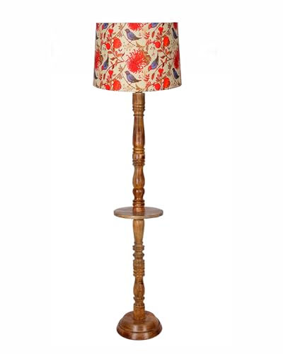Image of HomesakeRustic Wood Floor Lamp for Living Room Walnut Brown with Multicolor Lamp Shade | Light Decor for Home Corner Lamp for Living Room & Bedroom | Antique Standing Lamp, Tray End Table, Bird
