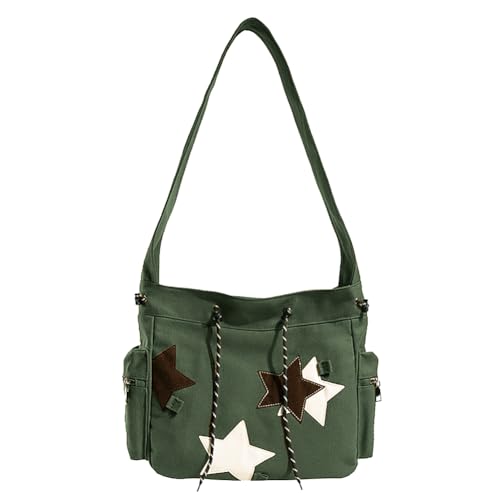 KlaOYer Linda bolsa mensageiro de lona bolsa de ombro estrela bolsa transversal Y2K bolsa kawaii estética Hobo bolsa para mulheres, Verde, Medium, Bolsa de ombro de lona