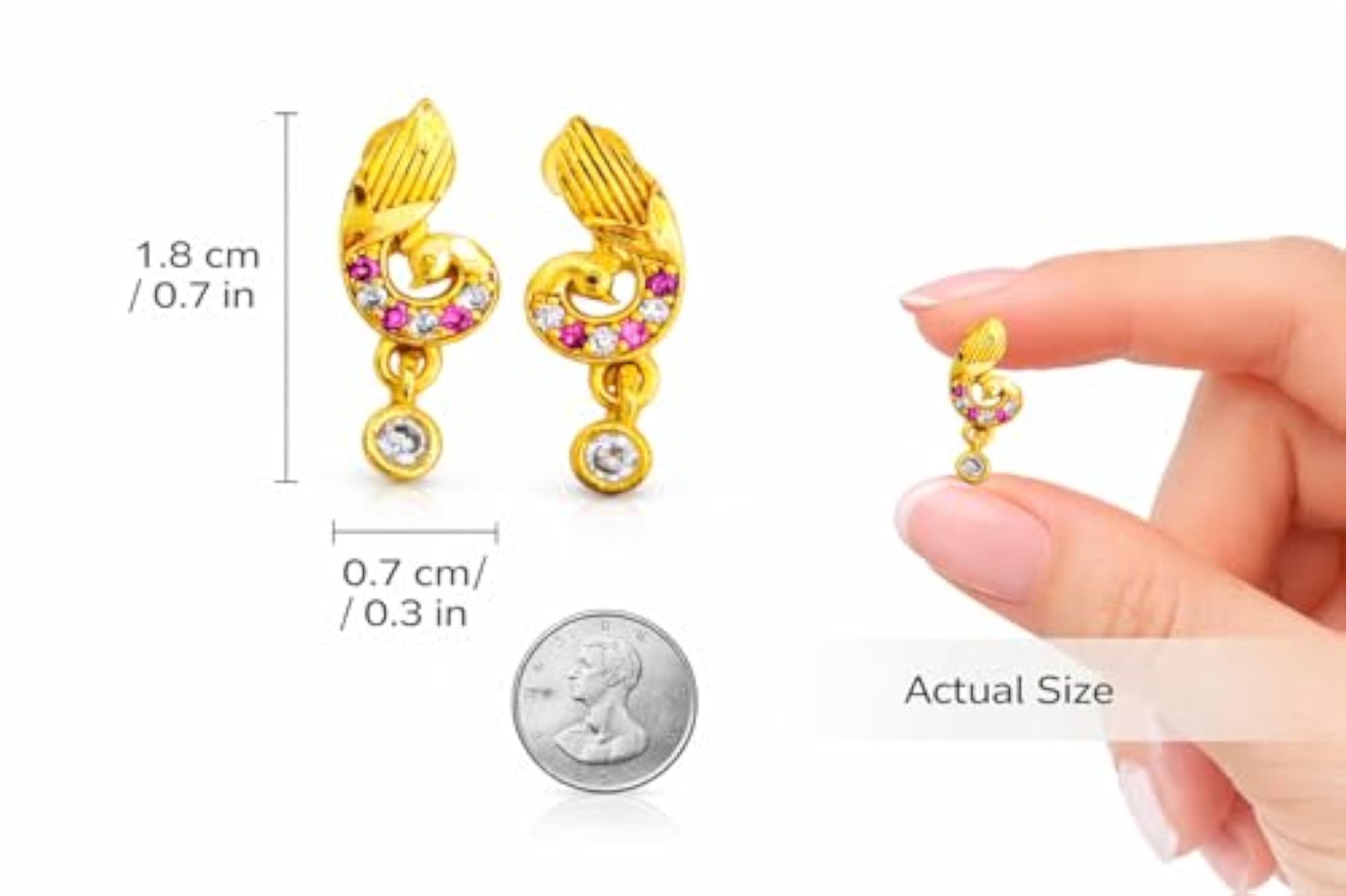 Gold Plated Peacock Stud Earrings with Pink Stone Drop