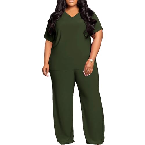 TOPSRANI Womens Plus Size Lounge Set V-Neck 2 Piece Outfits Sweatsuits Tracksuit Short Sleeve Baggy Wide Leg Pant Sets with Pockets Green 4XL