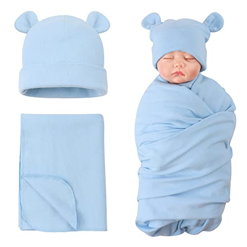 Image of PESAAT Cotton Baby Swaddle Hat Set Newborn Infant Hats Receiving Blankets for Baby Boys Girls