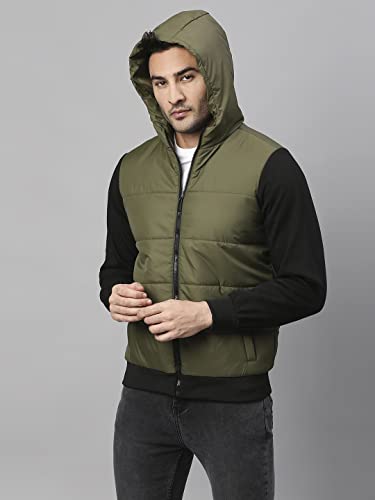 Image of Dennis Lingo Polyester Regular Fit Full Sleeves Men's Color Block Hooded Puffer Jacket with 2 Pockets - Lightweight Casual Winterwear for Men