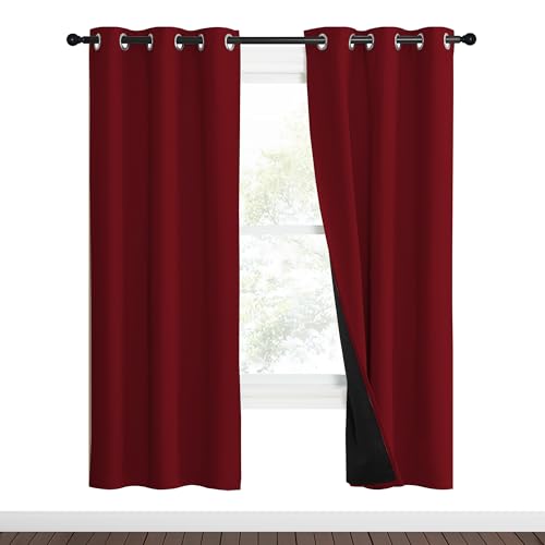 Image of NICETOWN 100% Blackout Curtains with Black Liner Backing, Thermal Insulated Curtains for Living Room, Noise Reducing Drapes for Christmas, Burgundy Red, 37 inch x 70 inch Per Panel, Set of 2
