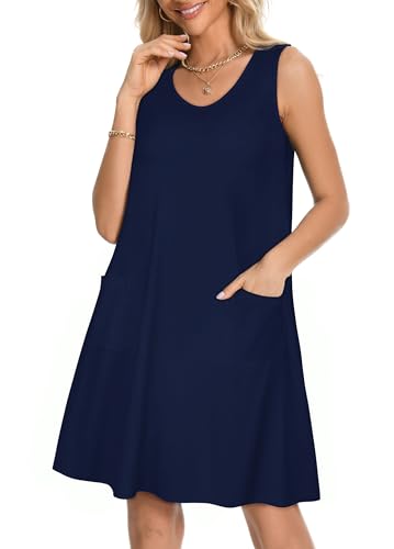Image of elescat Womens Summer Dresses Casual V Neck Sleeveless Pockets Beach Loose Tank Sundress 2026