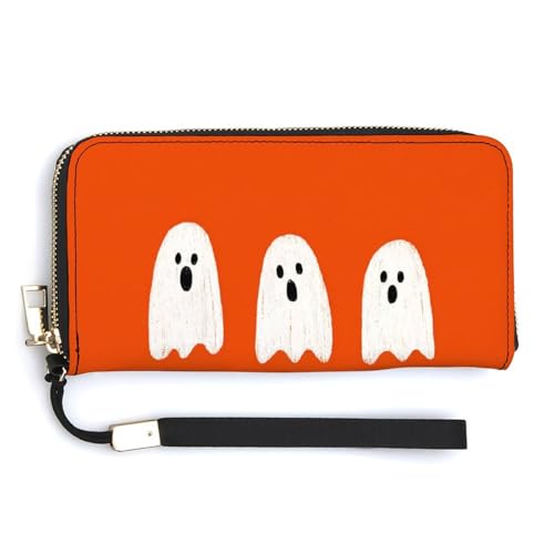 White Cartoon Ghosts Halloween PU Leather Clutch Long Bifold Wallet, Coin Purse Credit Pass Case, Durable Card-Holder Money Storage for Women Men