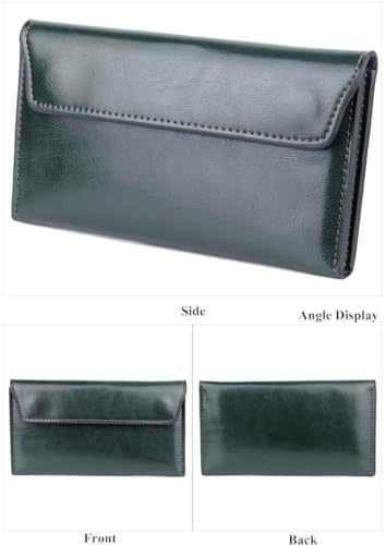 Women's Genuine Real Leather Slim Envelope Wallet with Detached Card Holder, Magnetic Closure, Phone Holder Clutch (Green)2