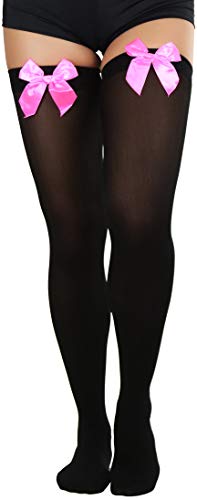 Image of ToBeInStyle Women's Opaque Long Thigh High Stockings w /Decorative Front Satin Bow