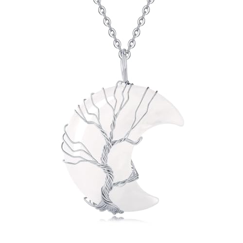 Image of XIANNVXI Tree of Life Wire Wrapped Crescent Moon Pendant Necklace Reiki Healing Crystal Stone Necklaces Natural Gemstone Quartz Jewelry for Women