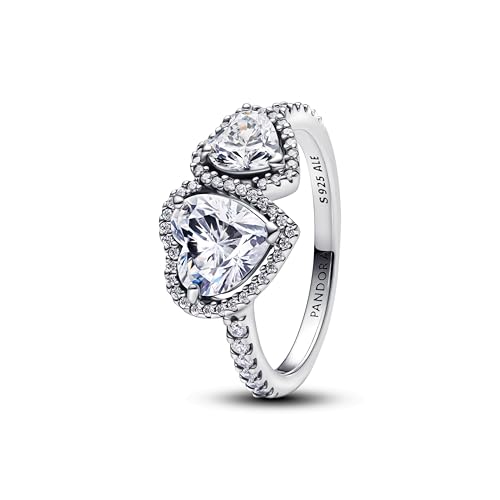 PANDORA Anillo de plata para mujer con corazones brillantes de halo 193659C01, 58/18,5, Plata de ley, Zirconia cúbica