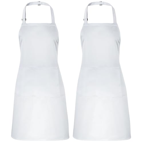 Livdouyu 2 Stück Schürze für Damen Männer Kochschürze Weiß Koch Schürze Unisex Verstellbarem Küchenschürze mit 2 Taschen für Kochen Hausarbeit Malen Backen(Weiß 75X65cm)