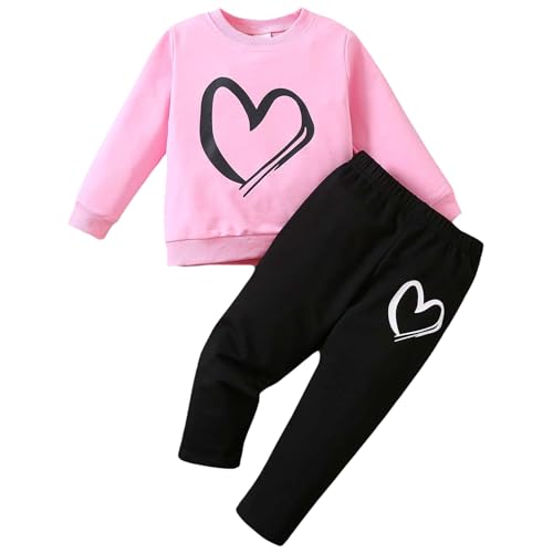Image of Girls Valentine's Day Outfit Heart Love Print Sweatshirt Kids Girls Clothes Set