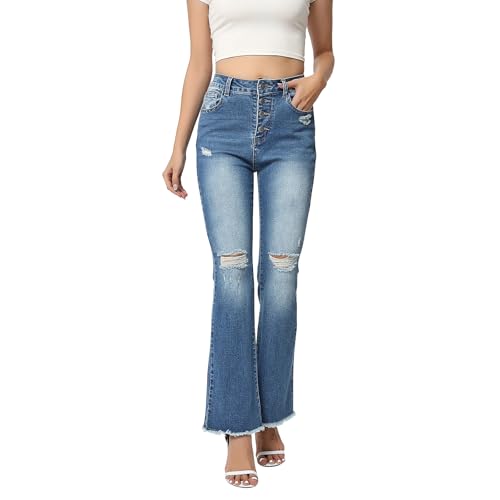 Women High Rise Boot Cut Jeans Ripped Stretchy Flared Denim Pants