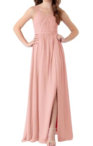 Sleeveless Toddler Flower Girls Dress Satin Jr Bridesmaid Dresses Girls Long Dusty Pink Dress V Neck Spaghetti Strap Junior Dresses for Teen Kids Formal Gowns Size 10-12
