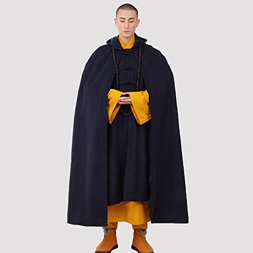 Men's Long Gown Meditation Monk Outfit Buddhist Robe Thickened Hooded Cape Unisex Long,Navy Blue,S3 #TOP2