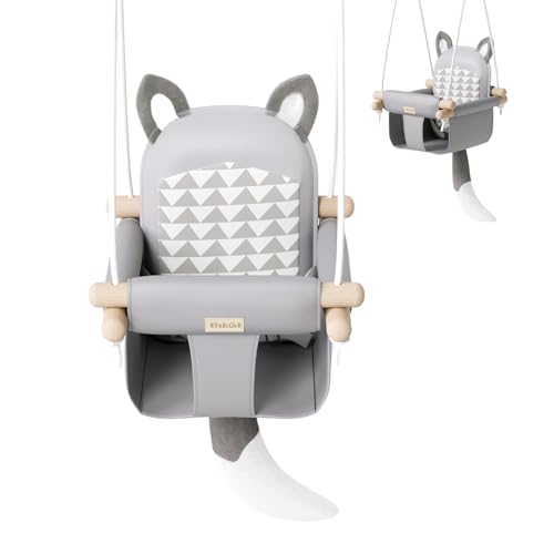 Wooden Hanging Baby Swing with Soft Safety Belt Cozy Infant Swing Seat for Indoor & Outdoor Use Adjustable Height Includes Mounting Hardware Suitable for Babies & ToddlersFox-Themed in Gray