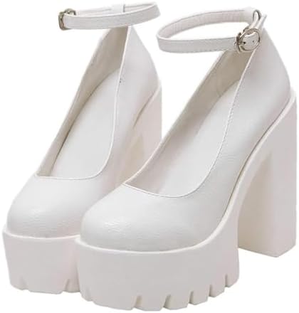 KOKOMOMO Womens Round Toe Platform Ankle Strap Pumps Chunky High Heels Goth Shoes